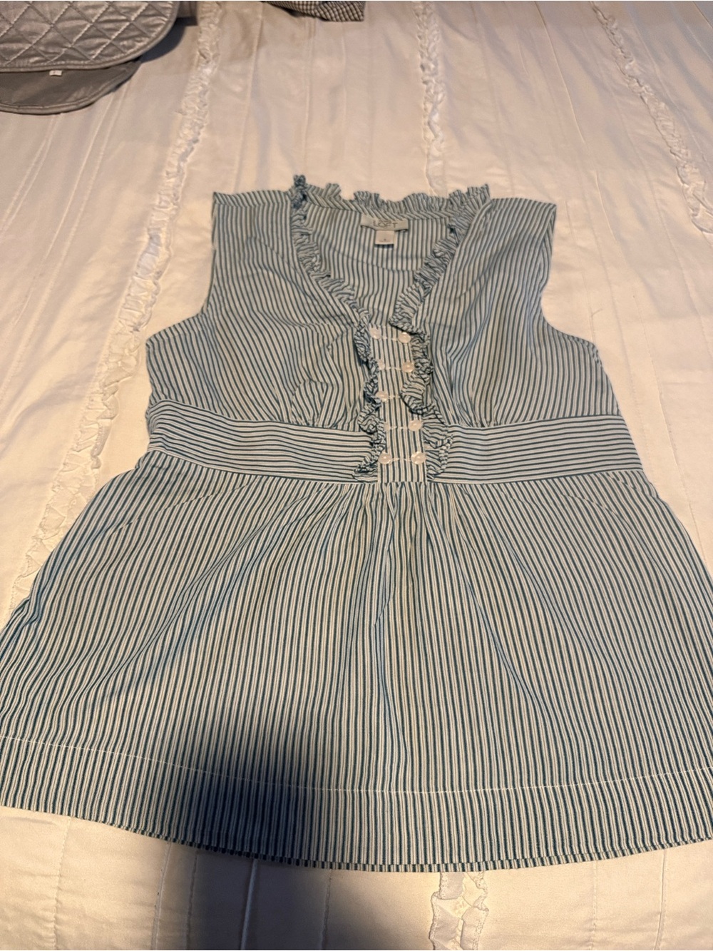 LOFT Blue and White Striped Ruffle V-Neck Sleeveless Top